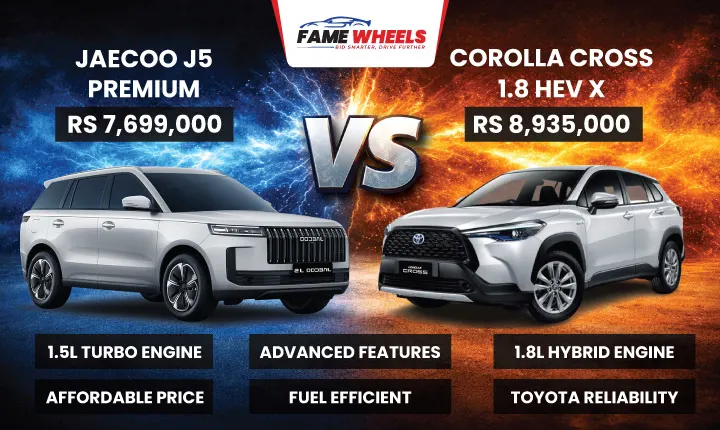 Comparison of JAECOO J5 PREMIUM and COROLLA CROSS 1.8 HEV X with pricing and key features.