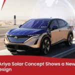 Nissan Ariya Solar Concept EV with solar panels charging at a station, showcasing innovative EV design.