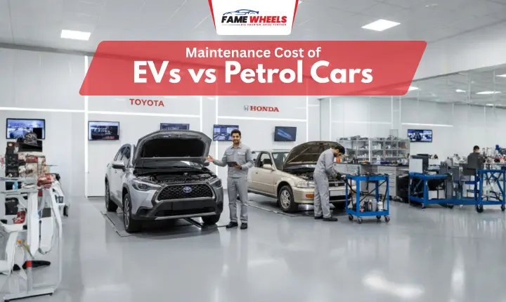 Maintenance Cost Of EVs compared with petrol cars inside modern automotive service garage