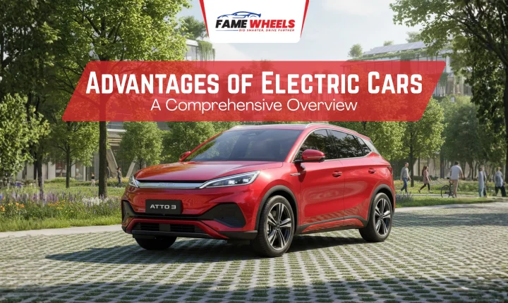 Advantages of Electric Cars: A sleek red EV parked in a green, sustainable city setting.