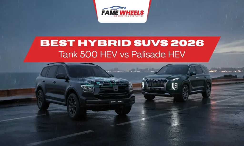 Best Hybrid SUVs 2026: Tank 500 HEV vs Palisade HEV, parked by the seaside in rainy weather.