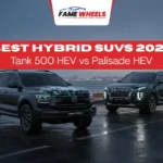 Best Hybrid SUVs 2026: Tank 500 HEV vs Palisade HEV, parked by the seaside in rainy weather.