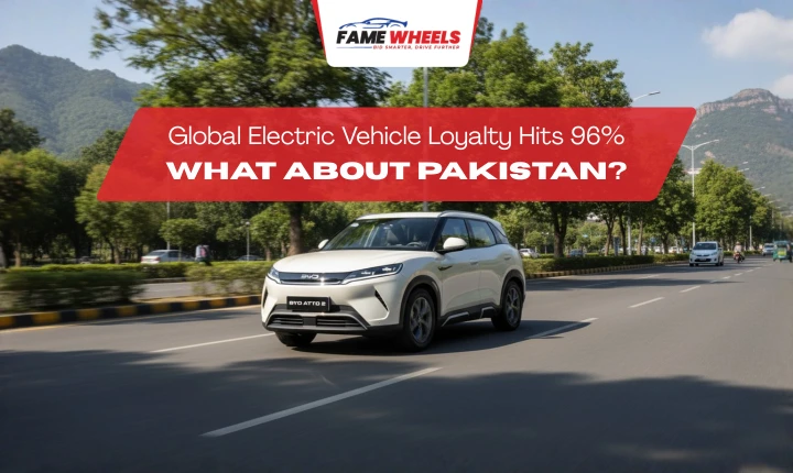 Modern electric vehicle (EV) driving on a scenic Islamabad road with mountain backdrop
