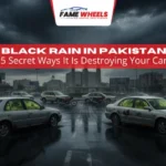 Black rain damages multiple cars in Karachi near Teen Talwar, showing corrosion and decay.