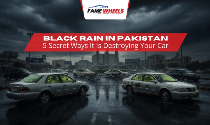 Black rain damages multiple cars in Karachi near Teen Talwar, showing corrosion and decay.