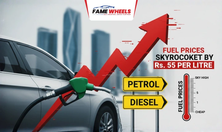 Fuel prices surge in Pakistan, showing petrol and diesel hikes with rising arrow gauge.
