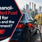 Ethanol-blended fuel banner with car refueling, crops, refinery, and clear Part 2