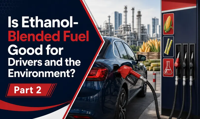 Ethanol-blended fuel banner with car refueling, crops, refinery, and clear Part 2