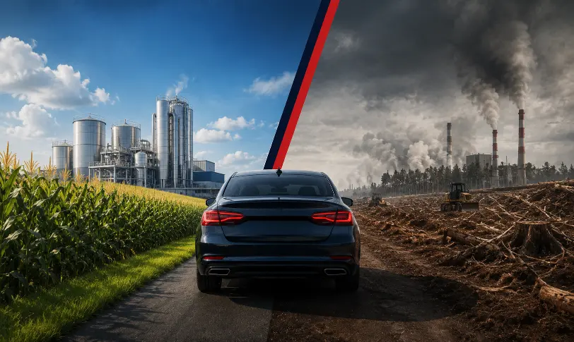 Car between clean ethanol farming and polluted land, highlighting the climate impact debate