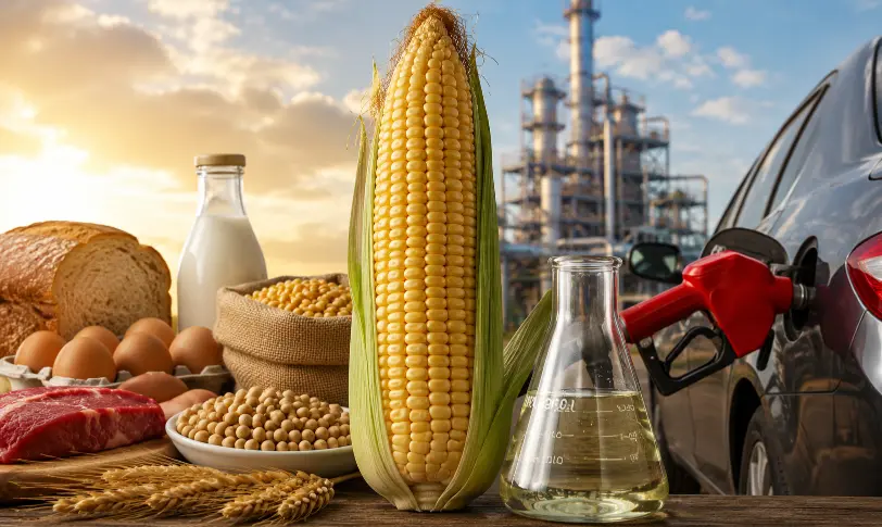 Food versus fuel concept with corn, groceries, ethanol flask, refinery, and refueling car