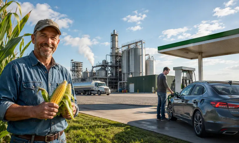 Farmer, ethanol refinery, and driver refueling a car illustrate who benefits from ethanol