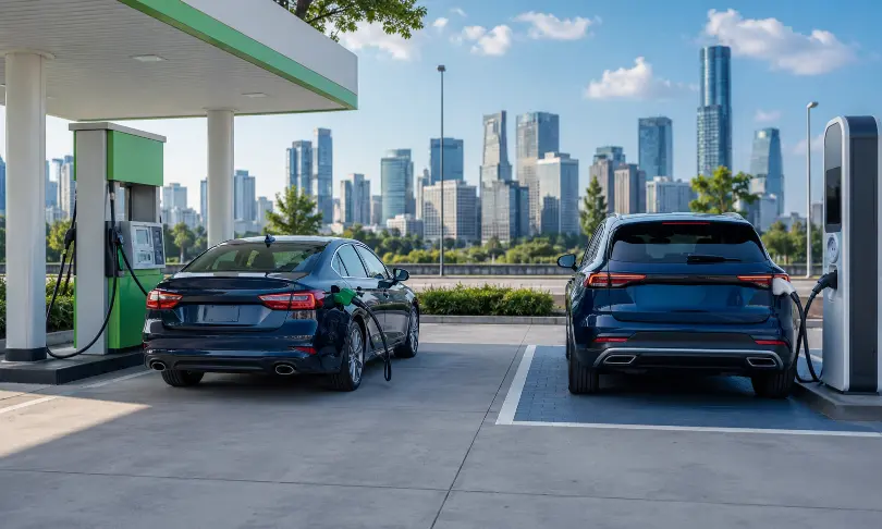 Ethanol car refueling beside an electric vehicle charging at a modern urban fuel station