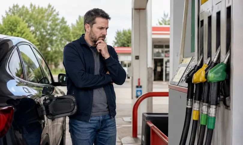 Driver reviews fuel choices beside an open car tank at a petrol station before refueling