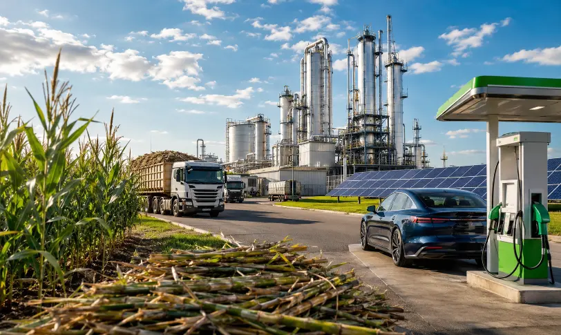 Future ethanol system with crops, biomass trucks, refinery, solar panels, and fuel station