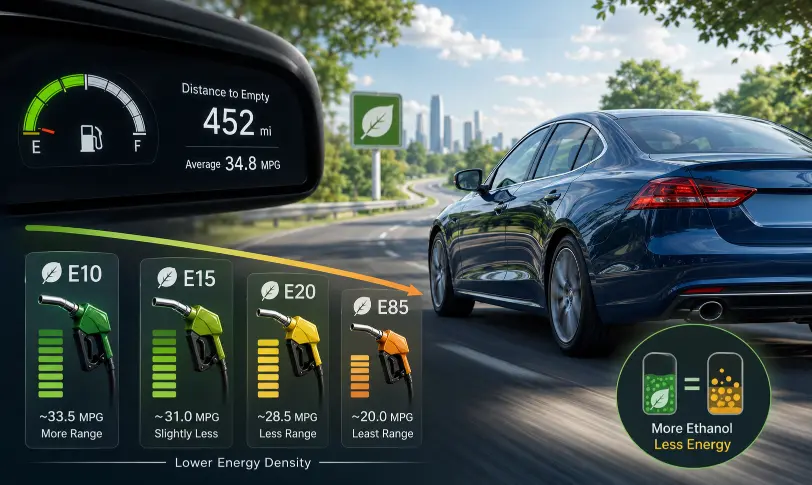 Ethanol fuel blends comparison showing mileage impact and lower energy density effects