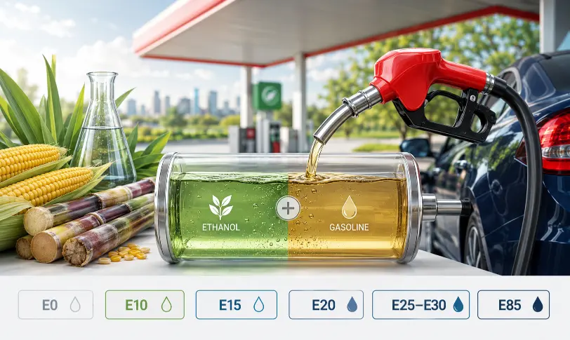 Ethanol blended fuel production using crops and gasoline mix with E10 to E85 options