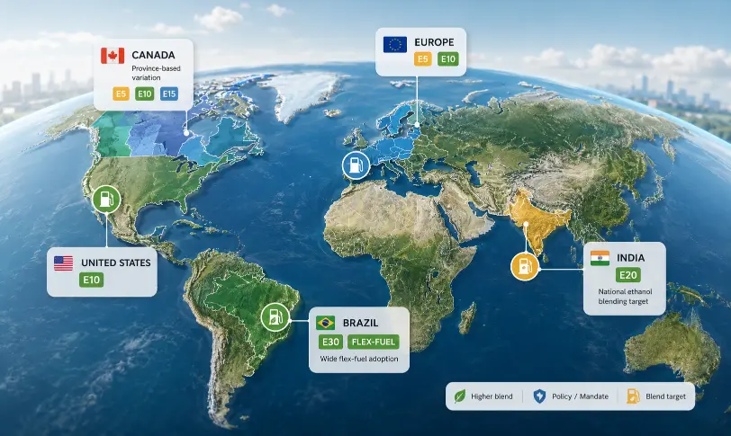 Global ethanol blending policies showing fuel standards across USA Brazil India and Europe