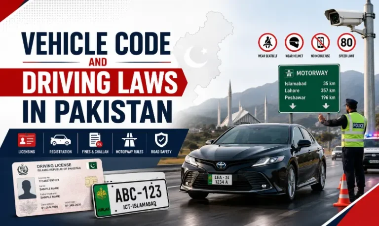 Vehicle Code and Driving Laws in Pakistan featuring traffic police, driving licence, motorway signs and road-safety rules