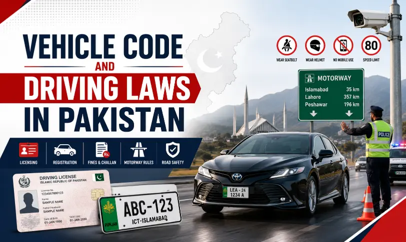 Vehicle Code and Driving Laws in Pakistan featuring traffic police, driving licence, motorway signs and road-safety rules