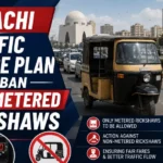 Karachi traffic police officer stops a non-metered rickshaws on a busy city road.