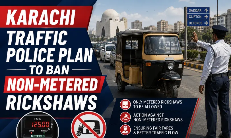 Karachi traffic police officer stops a non-metered rickshaws on a busy city road.