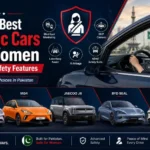 Woman driving a safe electric car with EV safety icons and top Pakistan models