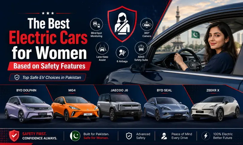 Woman driving a safe electric car with EV safety icons and top Pakistan models