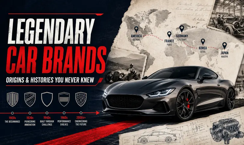 Legendary car brands history shown with modern car, map, timeline and vintage auto visuals.