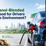 Clean ethanol fuel future concept with car refueling and renewable energy elements
