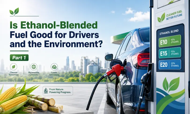 Clean ethanol fuel future concept with car refueling and renewable energy elements