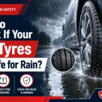 Car tyre driving on a wet road with tread depth, tyre pressure and wear safety checks