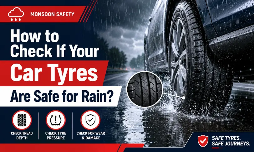 Car tyre driving on a wet road with tread depth, tyre pressure and wear safety checks