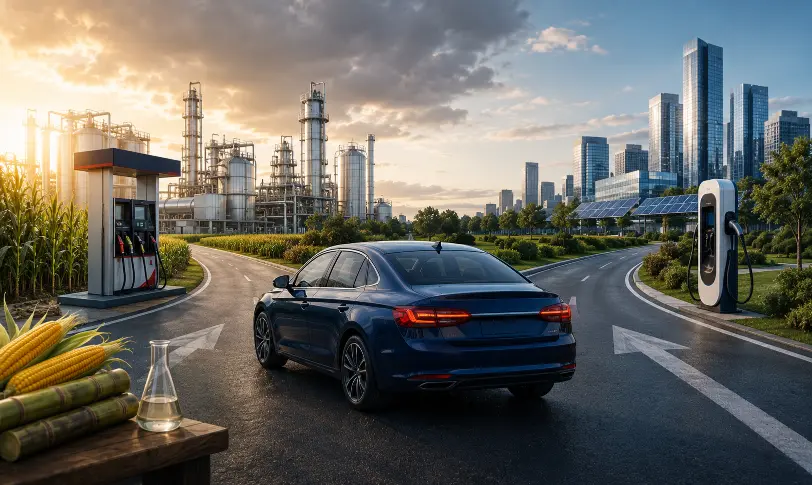 Ethanol, EVs, and fuel choices shown through car, refinery, crops, and charging station