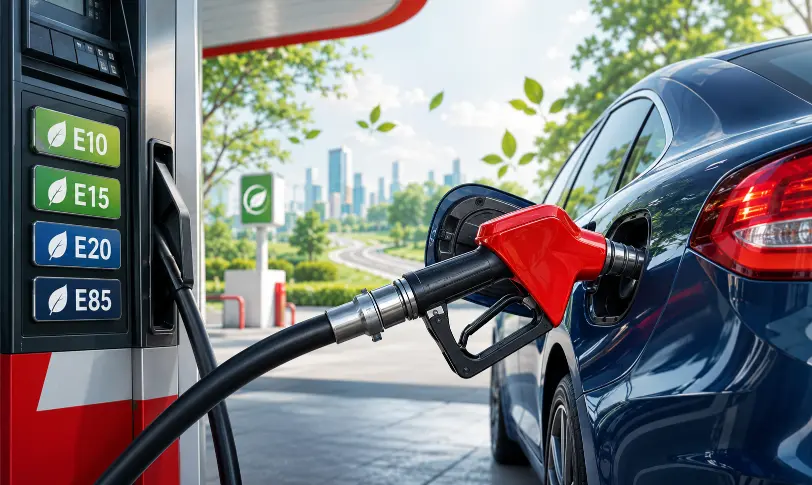 Ethanol-blended fuel powering a car with eco-friendly fuel station and clean energy concept