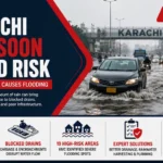 Karachi monsoon flood risk showing cars driving through a flooded road after heavy rain