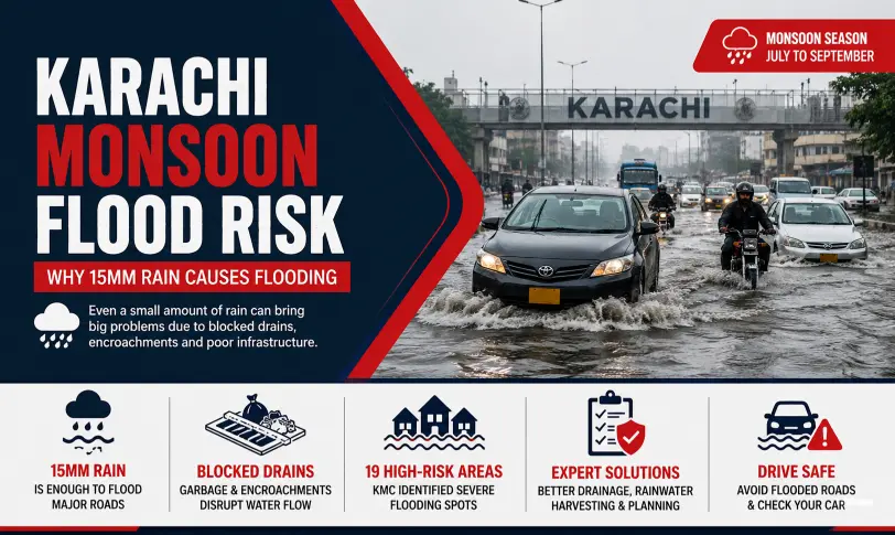 Karachi monsoon flood risk showing cars driving through a flooded road after heavy rain