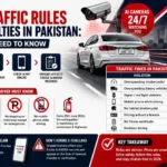 Traffic Rules in Pakistan 2026 infographic showing A.I. cameras, e-challans, fines, and safety laws.