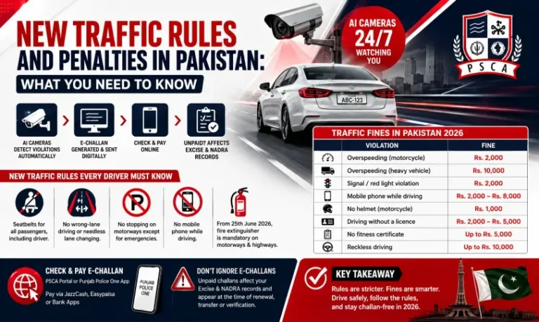 Traffic Rules in Pakistan 2026 infographic showing A.I. cameras, e-challans, fines, and safety laws.