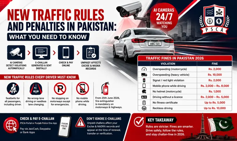 Traffic Rules in Pakistan 2026 infographic showing A.I. cameras, e-challans, fines, and safety laws.