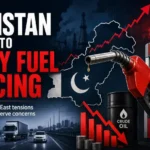 Daily Fuel Pricing in Pakistan shown with red fuel pumps, oil charts and reserve concerns