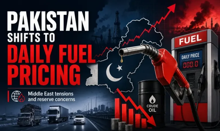 Daily Fuel Pricing in Pakistan shown with red fuel pumps, oil charts and reserve concerns