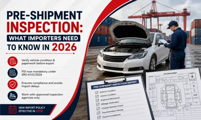 Pre-Shipment Inspection of imported car at port with inspection report and auction sheet