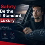 Driver monitored by AI safety system while driving, with distraction alert and road icons.