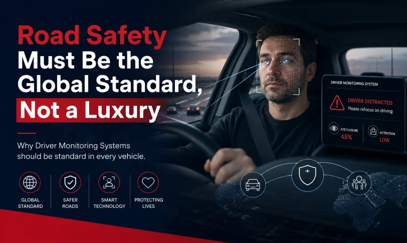 Driver monitored by AI safety system while driving, with distraction alert and road icons.