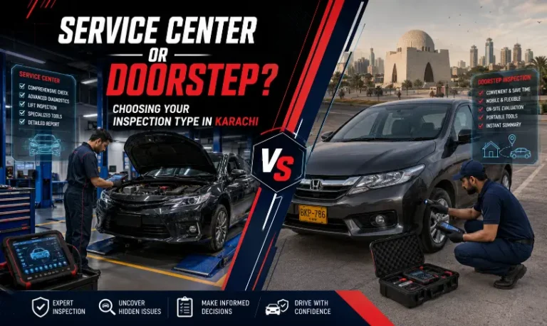 Service center vs doorstep car inspection in Karachi comparison image