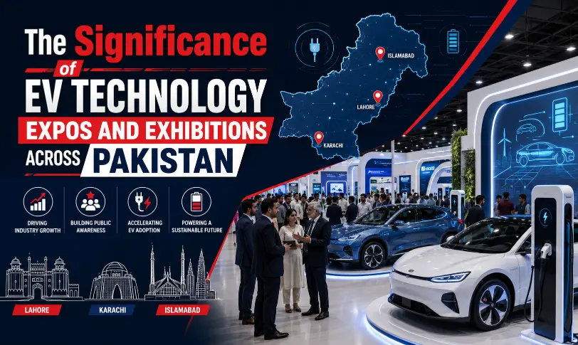 EV technology expos in Pakistan with electric cars, visitors and modern charging stations.