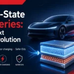 Solid-State Batteries powering a futuristic EV with fast charging and safer battery technology