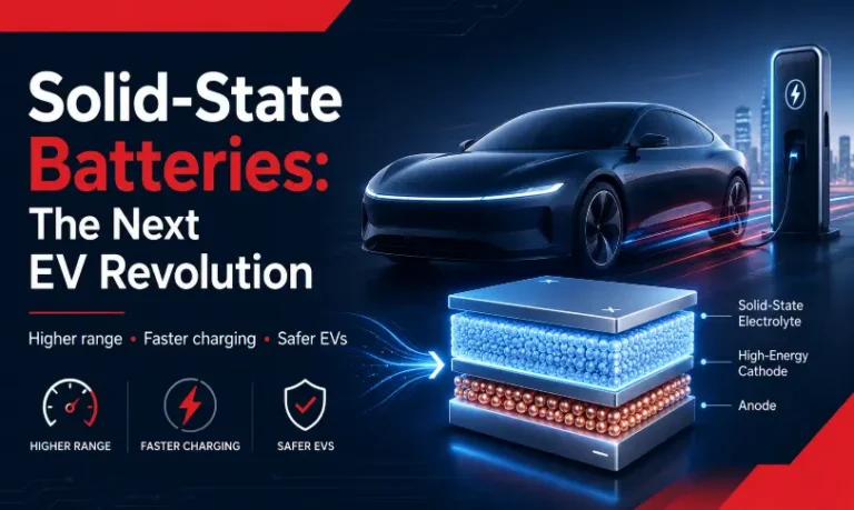 Solid-State Batteries powering a futuristic EV with fast charging and safer battery technology