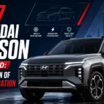 2027 Hyundai Tucson revealed with a boxy fifth-generation design in a red, navy blue, black and white blog banner
