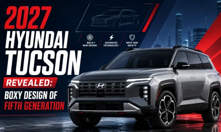 2027 Hyundai Tucson revealed with a boxy fifth-generation design in a red, navy blue, black and white blog banner